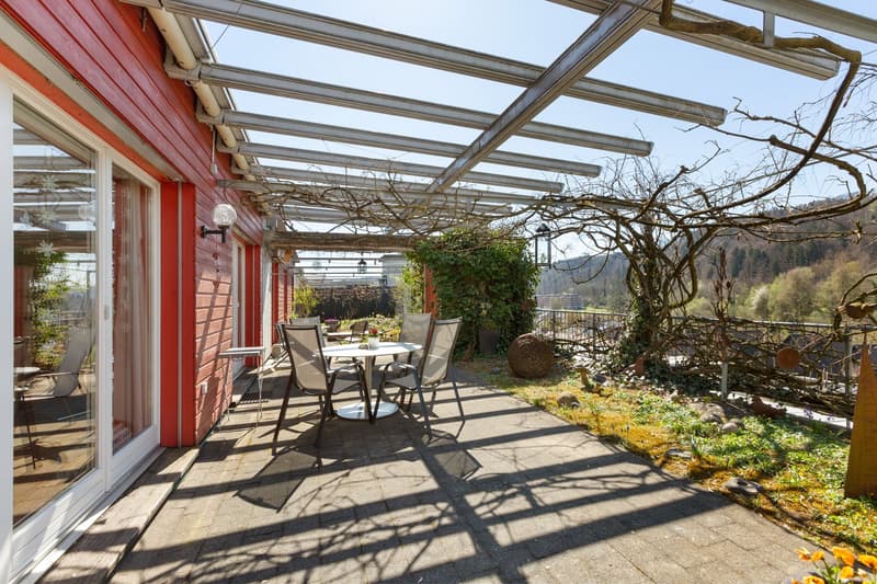 covered terrace with table and chairs, red walls, glass doors, metal pergola, plants, garden, mountains in the background