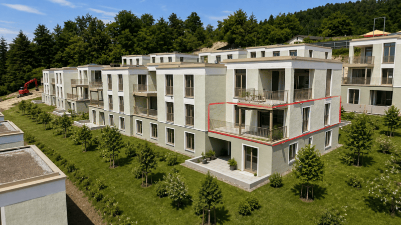 Situation Wohnung Haus D (Umgebung mit KI generiert, da noch im Bau)