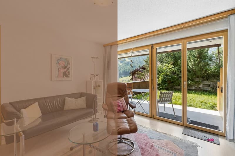 Wohnzimmer mit Zugang zur Terrasse