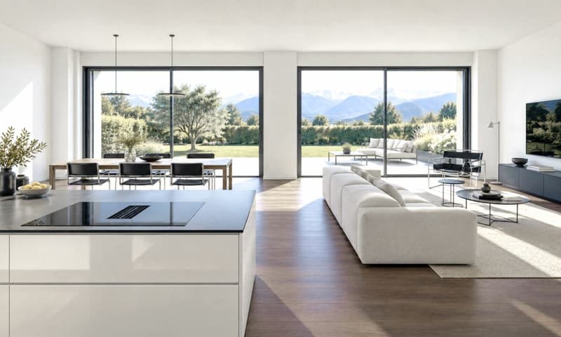 Visualisierung: Offenes Wohn- und Esszimmer mit Zugang zur Terrasse