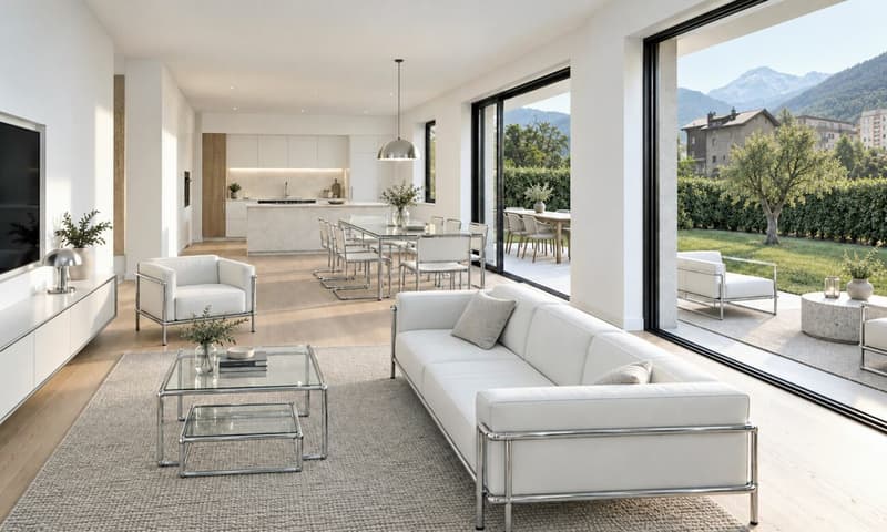 Visualisierung: Offenes Wohn- und Esszimmer mit Zugang zur Terrasse
