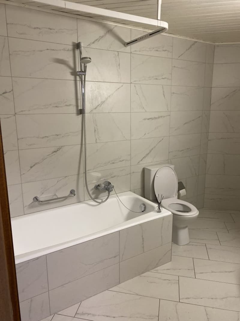 modern white tiled bathroom with bathtub, toilet, and shower