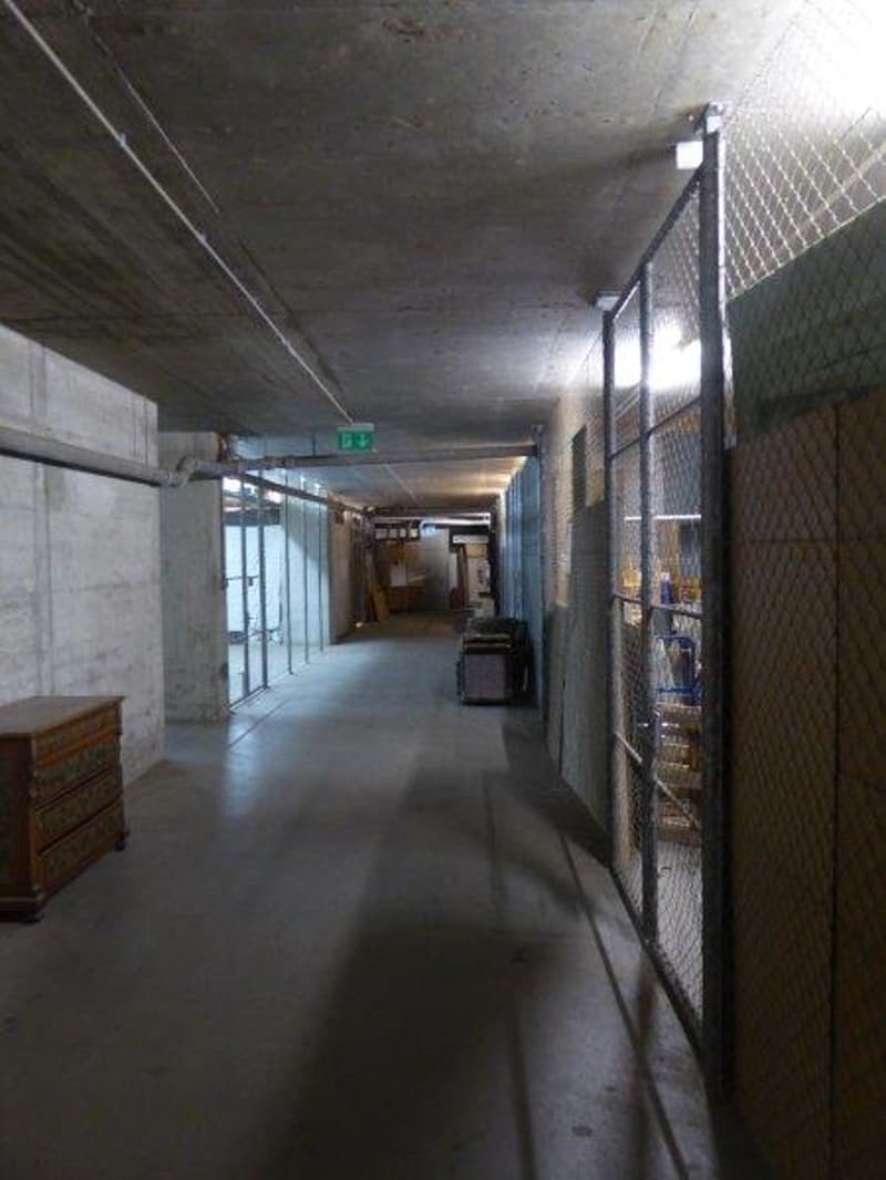 Long, dimly lit concrete hallway with wire mesh fencing on one side and various storage items along the walls.