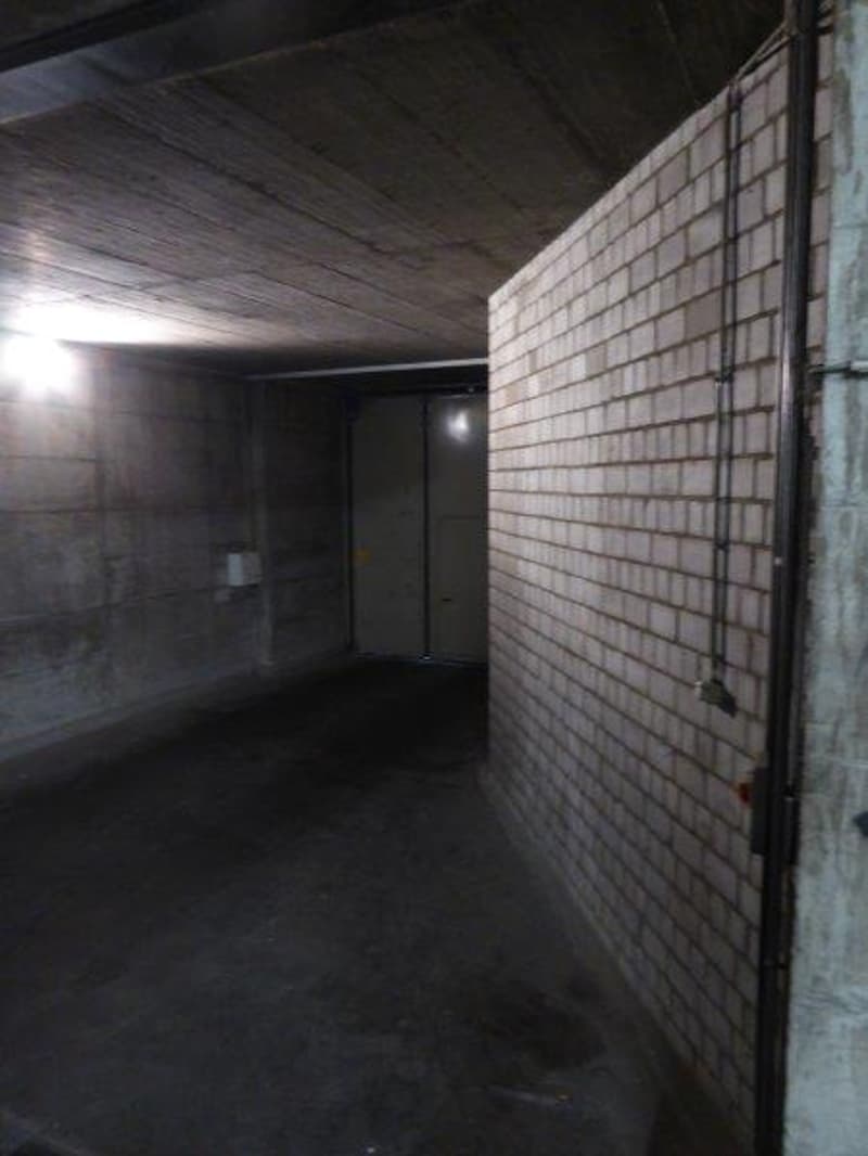 Dark, narrow hallway with concrete walls and ceiling, dimly lit by a single light fixture.