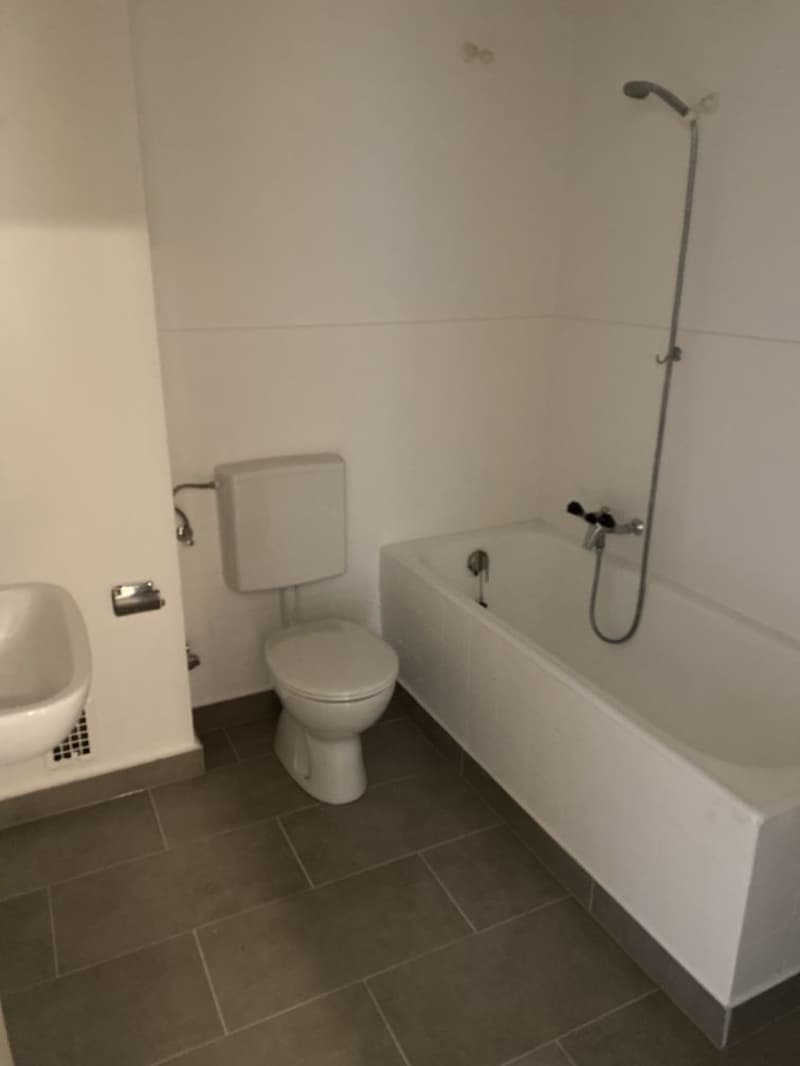 The image shows a bathroom with a white toilet, a bathtub, and a shower head. The walls are white and the floor is tiled in a dark color.