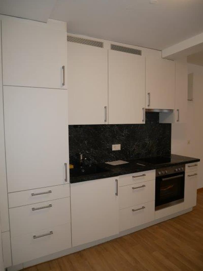 Modern kitchen with white cabinets, black granite countertop, built-in oven, and dishwasher