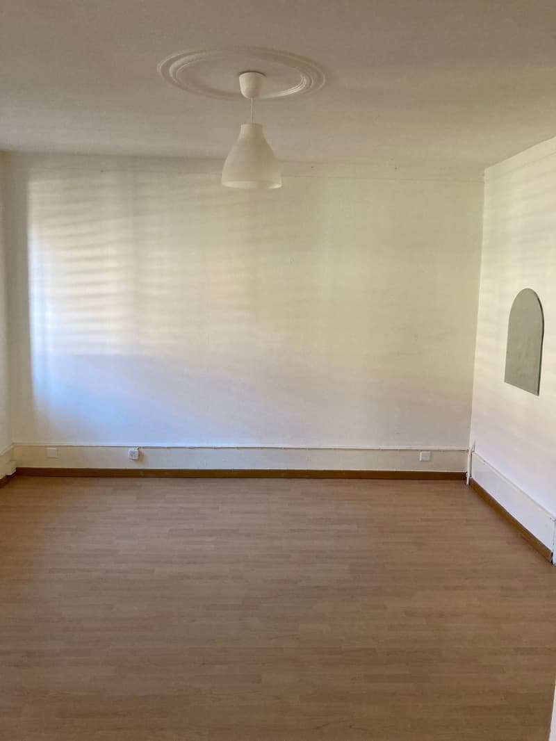 Empty room with white walls, hardwood flooring, and a ceiling light fixture.