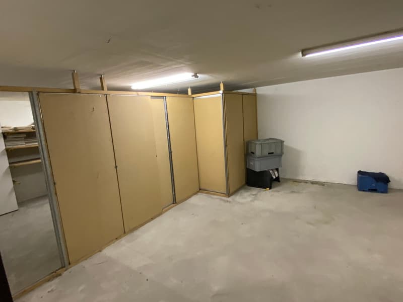 Empty room with white walls, ceiling lights, wooden storage units, and a shelf with items