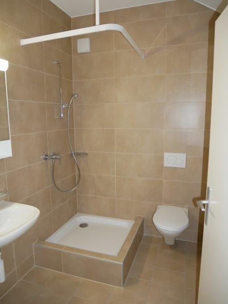 Modern and compact bathroom with a shower, toilet, and sink. Tiled walls and floors.