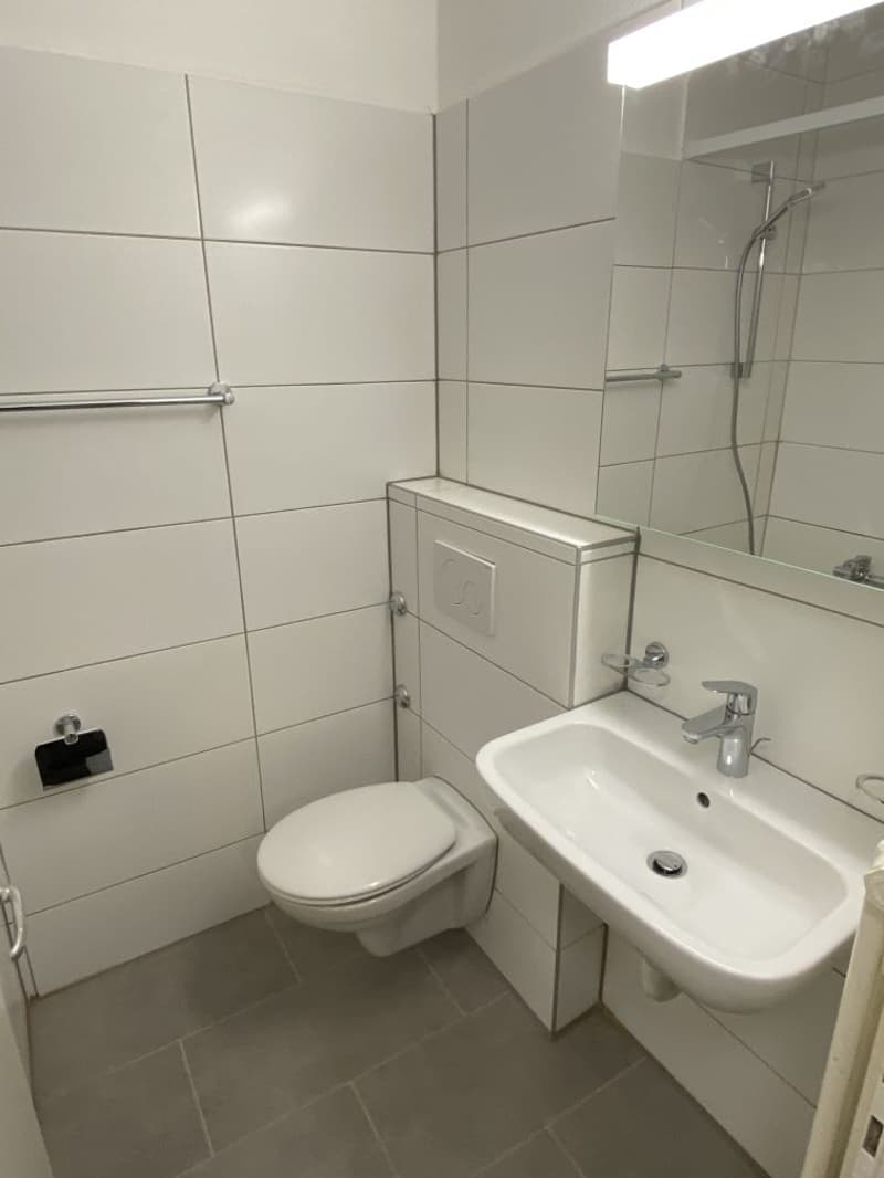 Tiled bathroom with a toilet, sink, and a cabinet. The bathroom appears to be clean and well-maintained.