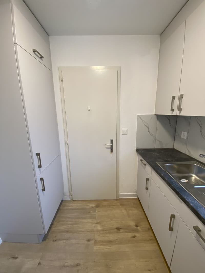White walls, wooden floor, white kitchen cabinets, marble countertop, stainless steel sink, dishwasher, washing machine