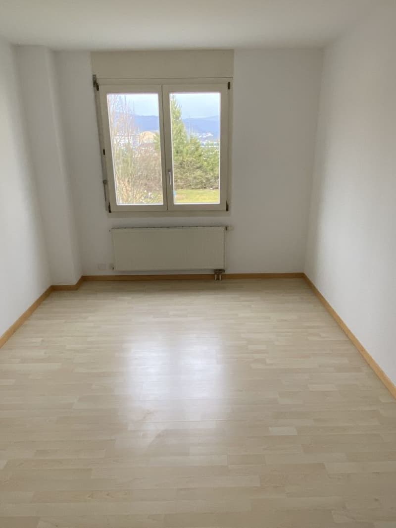 empty room with wooden floor, white walls, window, radiator, panoramic view