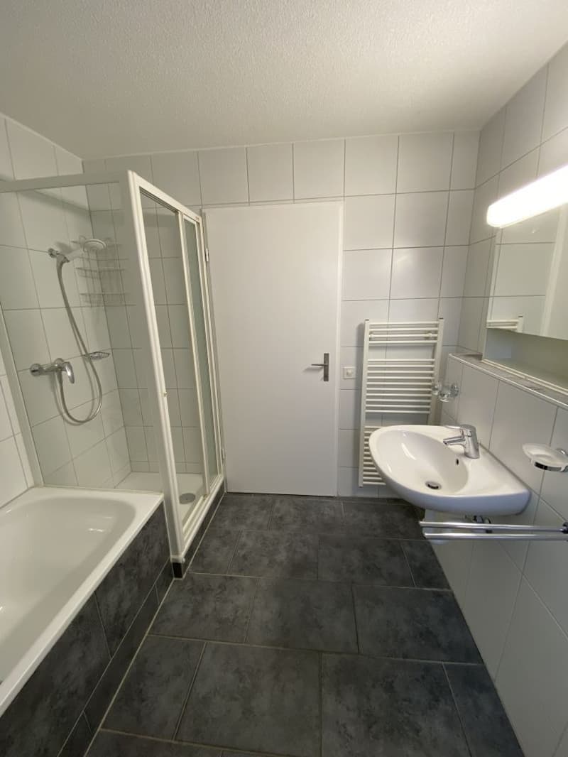 Bathroom with a bathtub, a shower area, a sink, and a towel rack.