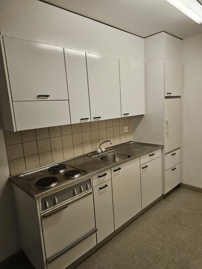 modern kitchen, white cabinets, gas stove, stainless steel sink, refrigerator, dishwasher, washing machine, tiled backsplash