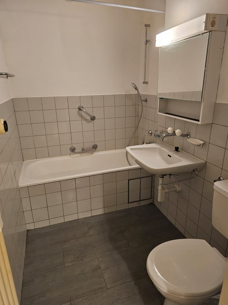 white tiles, bathtub, sink, toilet, shower head, shower handle