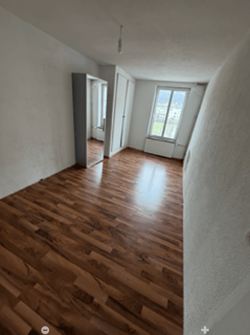 empty room, hardwood floors, white walls, large window, closet, hallway