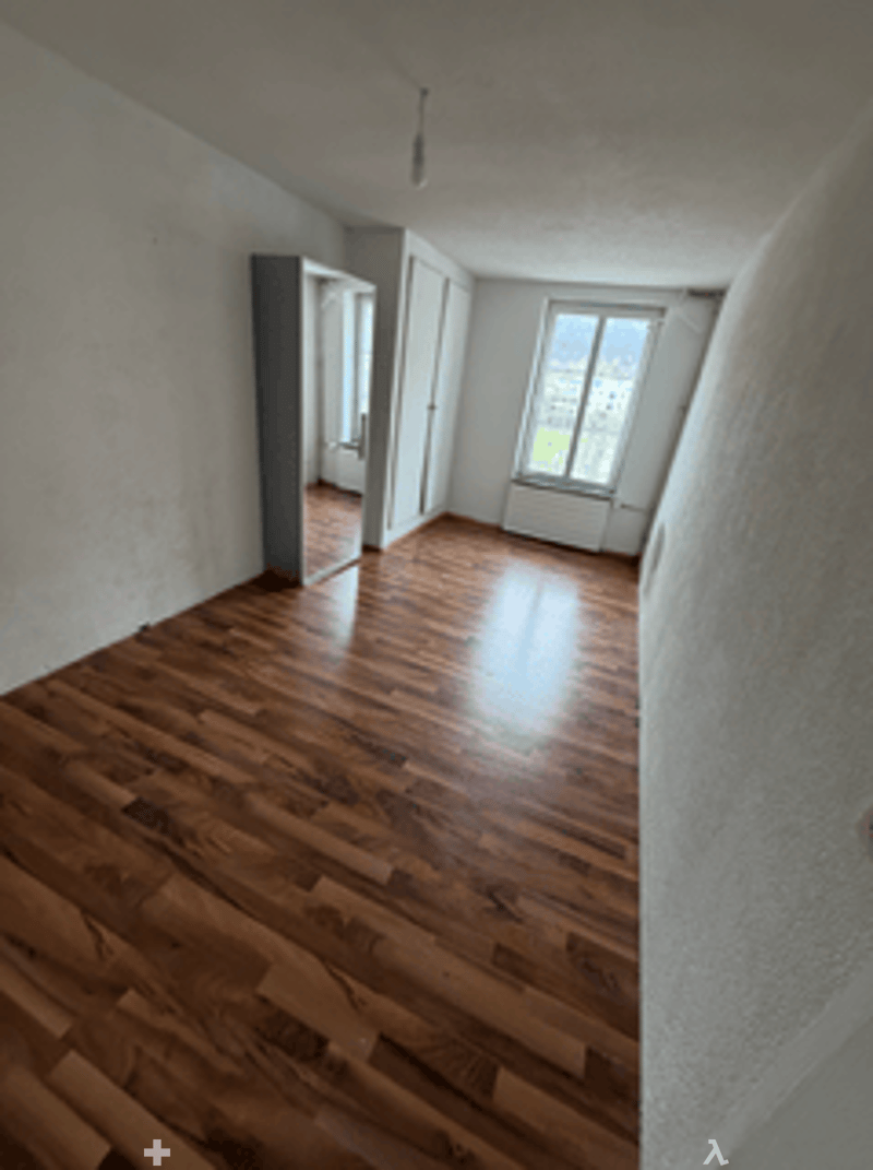 empty room, hardwood floors, white walls, large window, closet, hallway