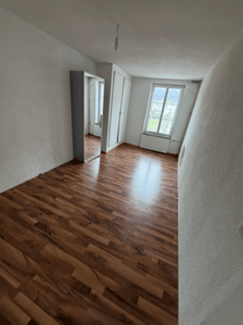 empty room, hardwood floors, white walls, large window, closet, hallway