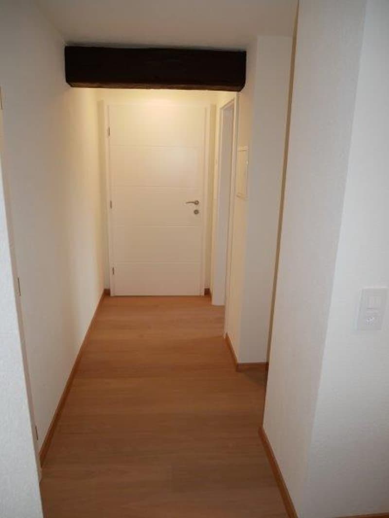Wooden floor, white walls, closed doors at both ends of the hallway.