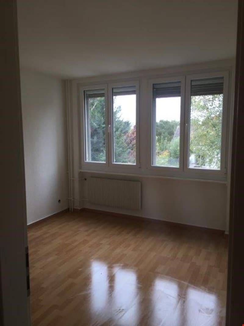 room with wooden floor, white walls, windows, heater, sun reflection on floor