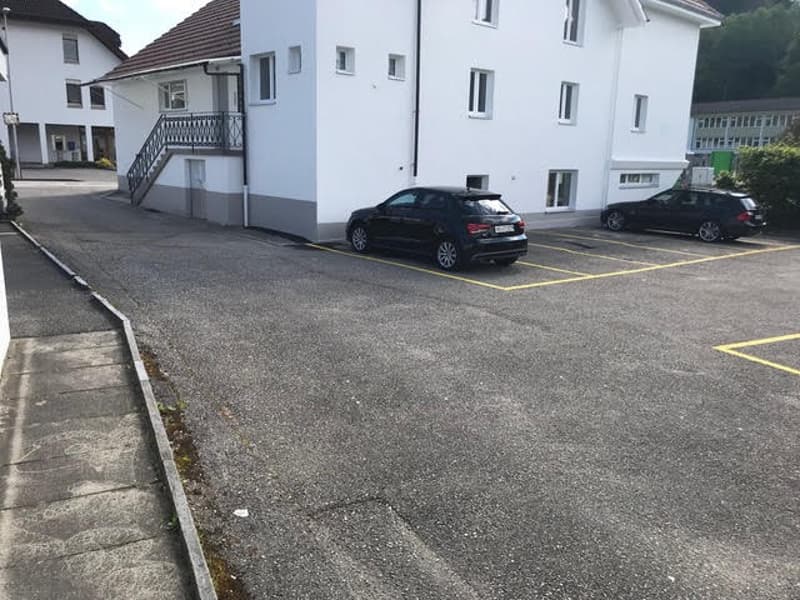 Empty parking lot with marked parking spaces in front of the building.