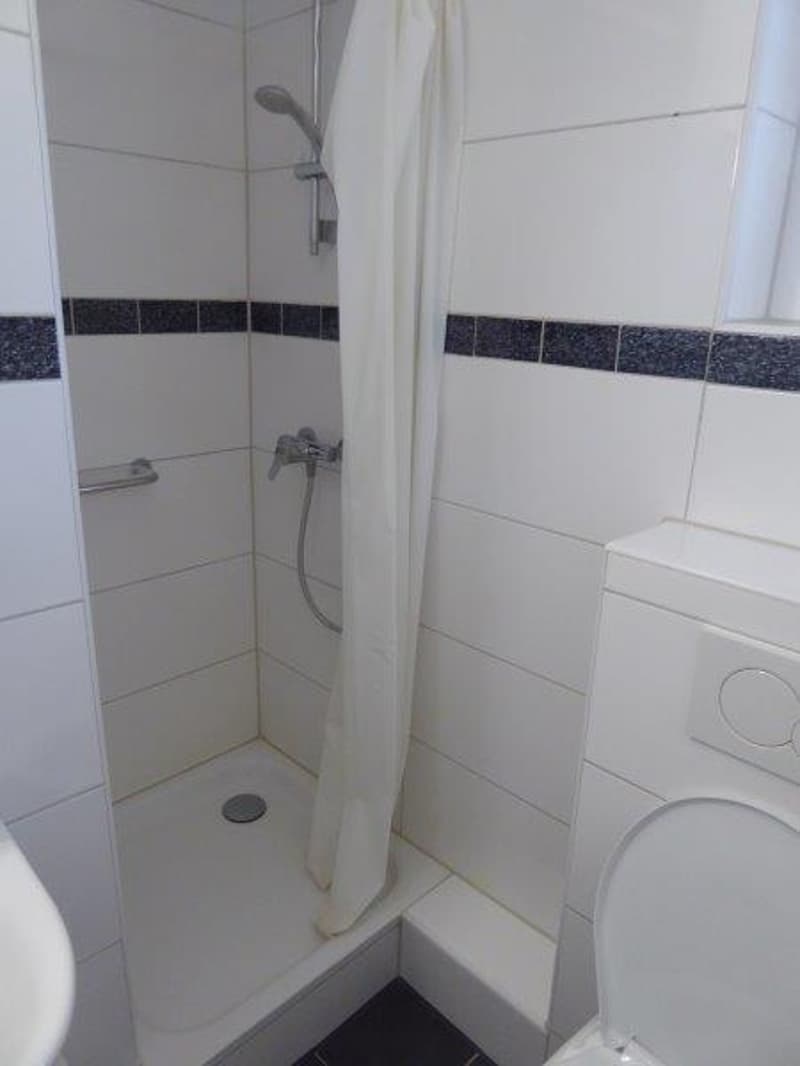 White tiles, shower area with showerhead, separate toilet, white countertop with sink.