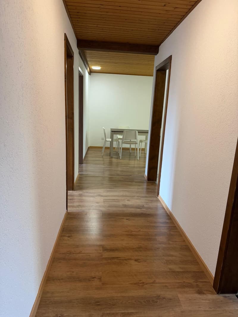 Corridor, Wooden floor, Table and chairs in adjacent room, White walls, Wooden ceiling