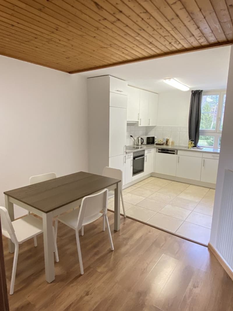 Dining area with a wooden table and white chairs, white kitchen with appliances, wooden ceiling, tiled floor