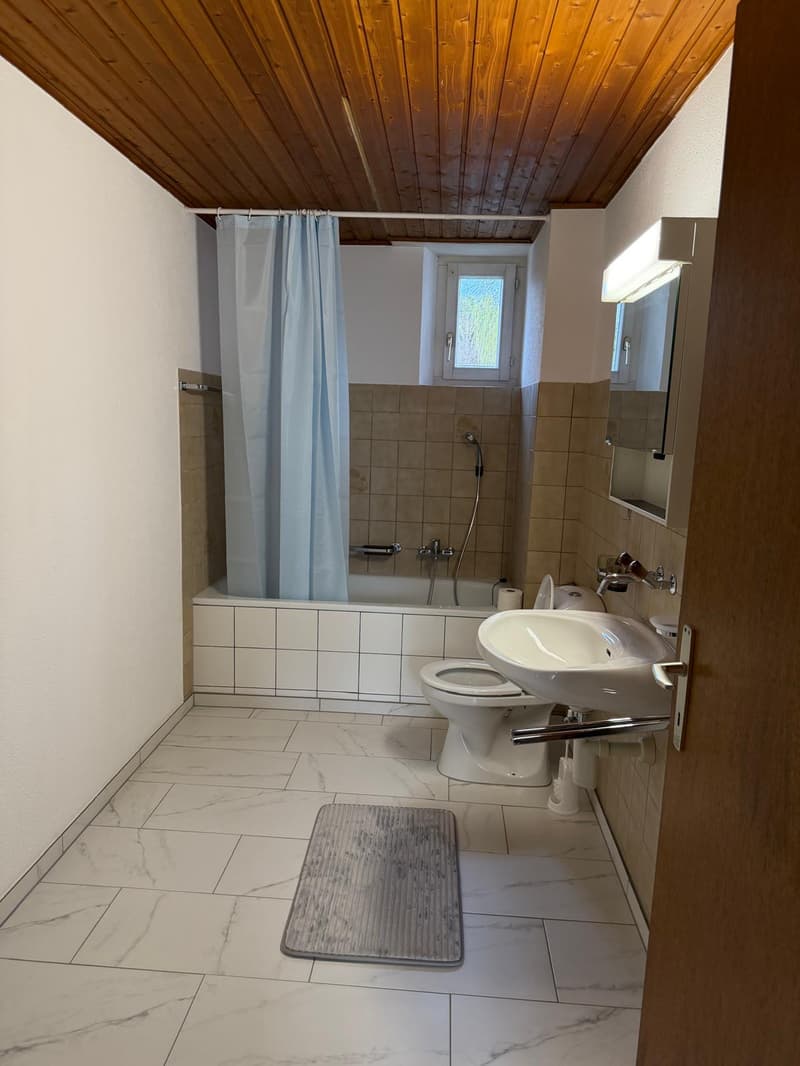 Bathroom: tiled walls, tiled floor, shower curtain, white bathtub, toilet, sink, mirror, toilet paper roll, towel rack