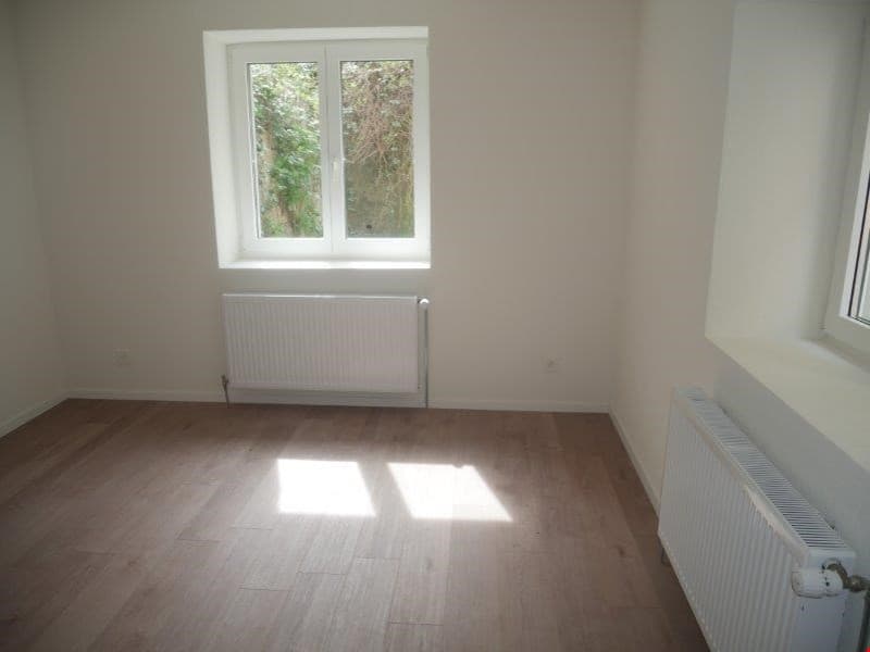 empty room, wooden floor, white walls, two windows, two radiators