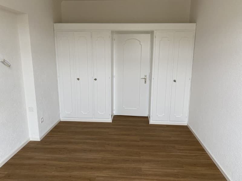 empty room, white walls, wooden floor, built-in wardrobes, door