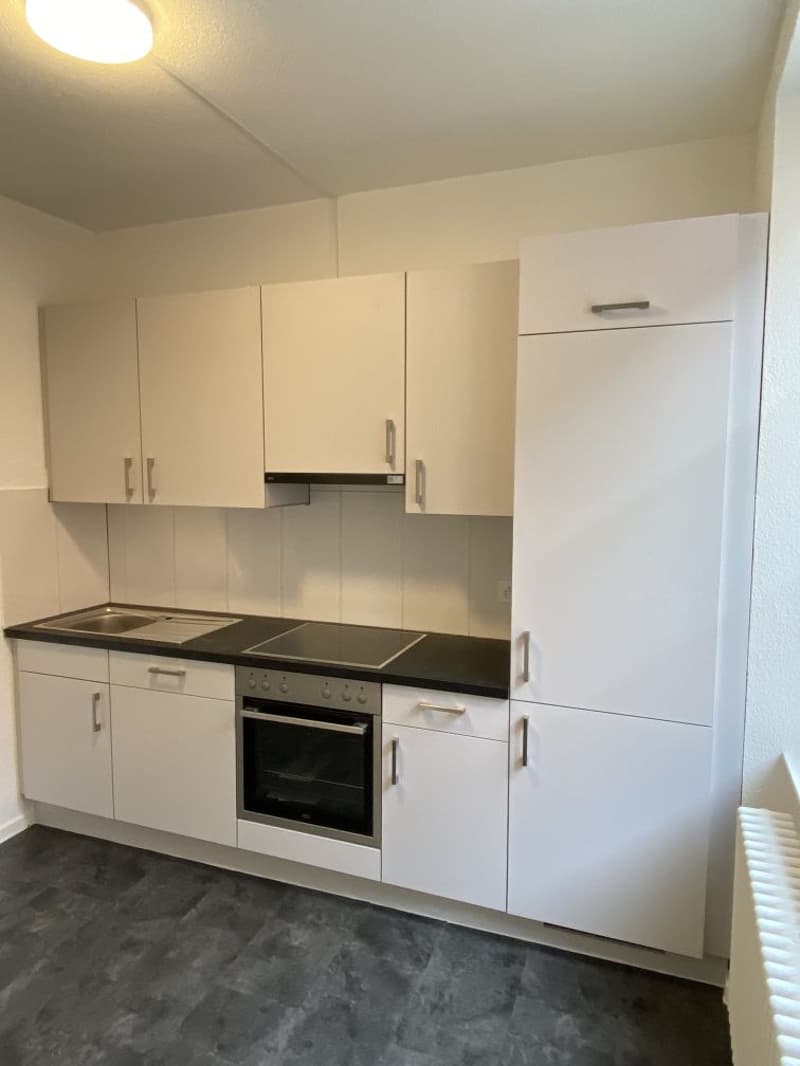 modern kitchen with white cabinets, black countertops, integrated oven and dishwasher, under cabinet lighting