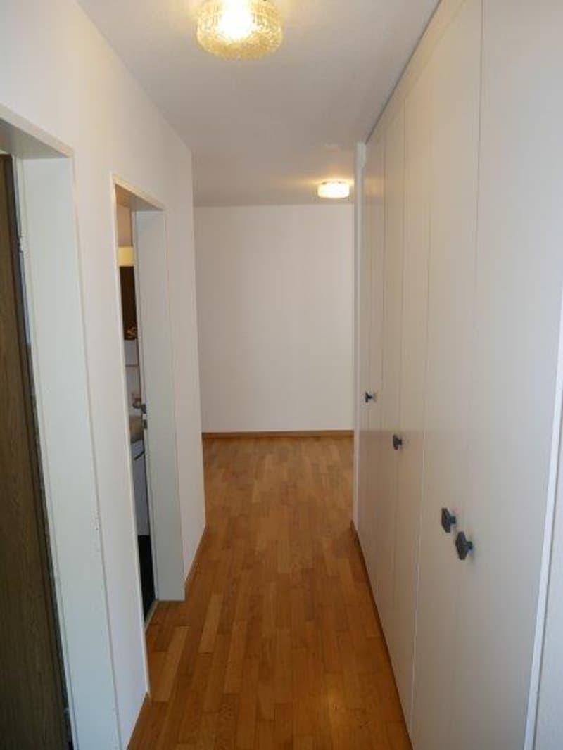 Empty hallway with wooden floor, white walls, and ceiling lights