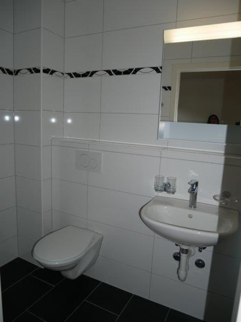 Bathroom with white tiles, black tiles on the floor, white toilet, white sink, mirror, and faucet