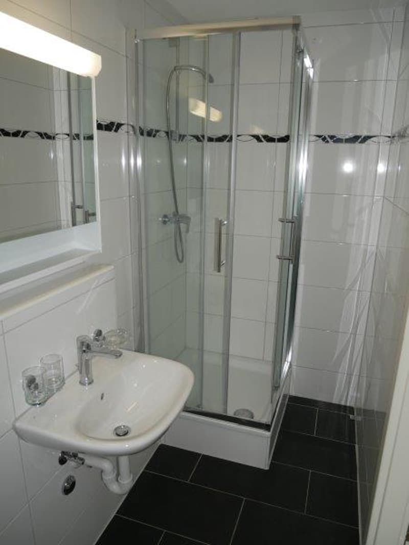 Bathroom with a glass shower, white sink, mirror, and black tiles