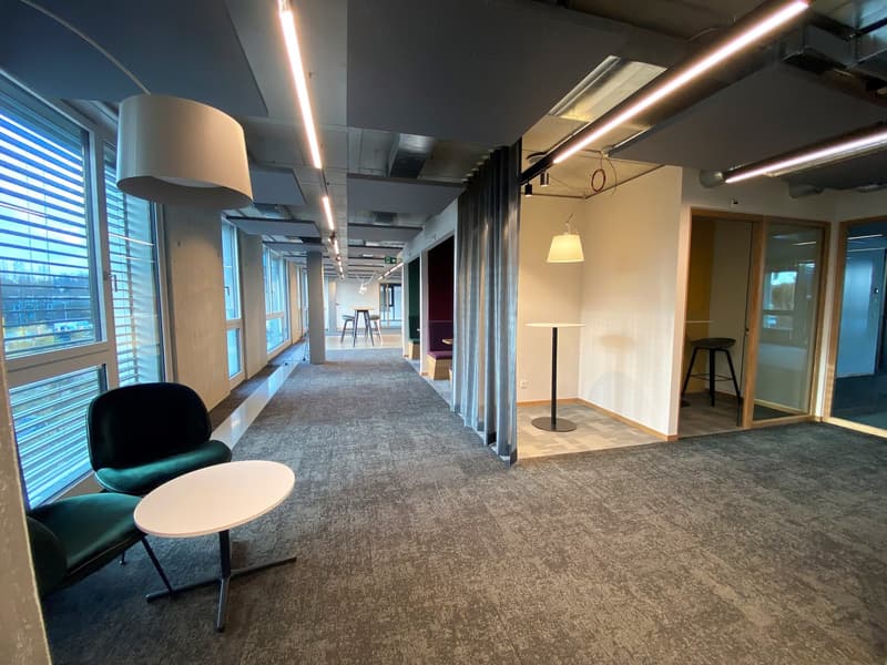 large room, modern furniture, tables and chairs, glass windows, lighting fixtures