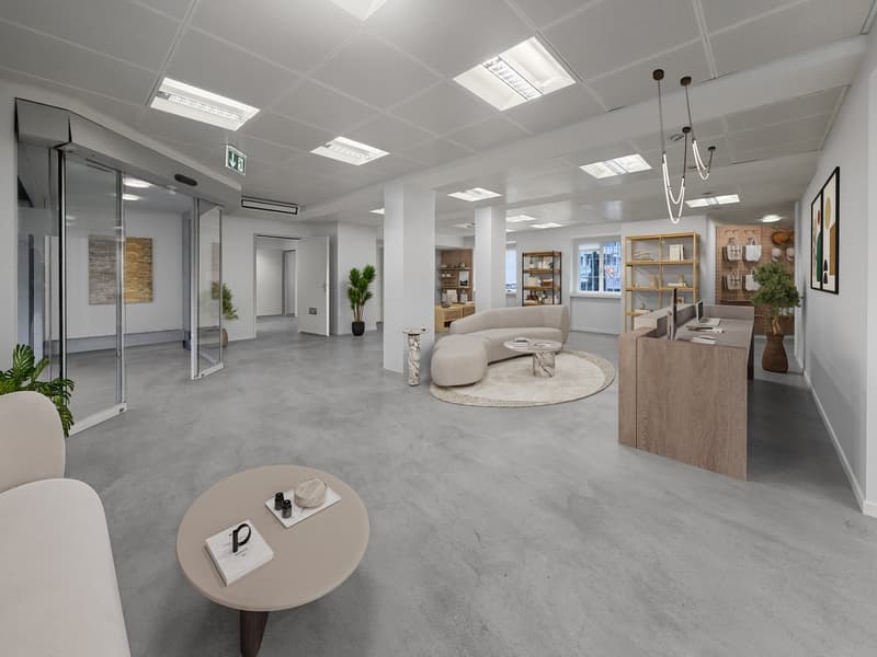 spacious interior, white walls, gray floor, round tables, modern lighting fixtures, couches, round rug, potted plants, shelves with decorative items, and artwork.