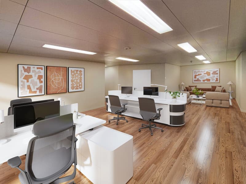 modern office with wooden floors, white desks, gray chairs, monitors, lamps, paintings, couch, coffee table, plants