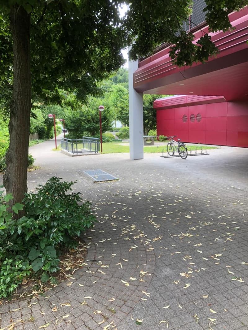 The image shows an outdoor public space with a red-colored building, trees, and a paved walkway. There are bicycle racks visible, indicating a parking place for bicycles.