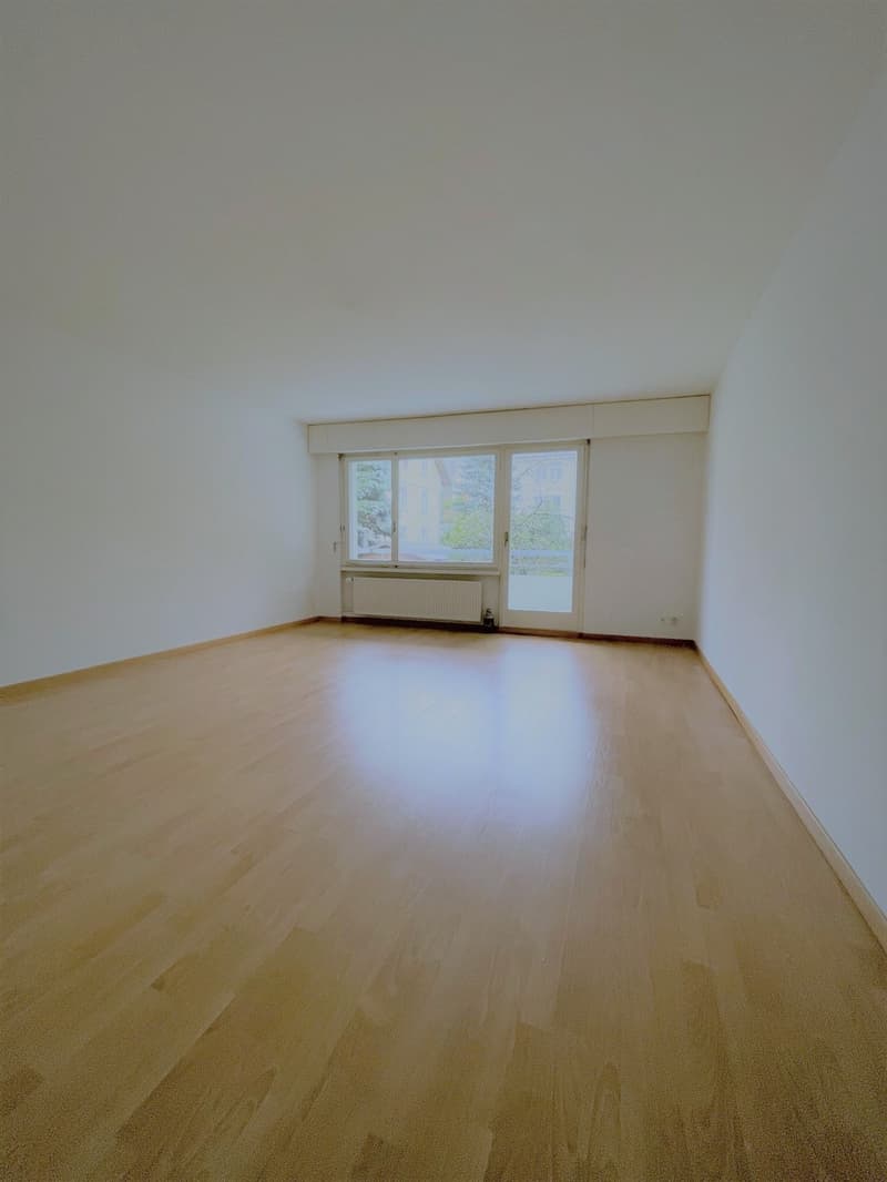 empty room, wooden floor, white walls, glass door, window, radiator