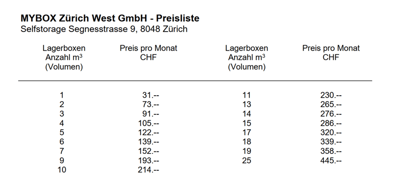 This is a price list for self-storage units at MYBOX Zürich West GmbH in Zürich, Switzerland. The list shows the volume (in cubic meters) and the monthly price for different sizes of storage units, ranging from 1 cubic meter to 10 cubic meters.