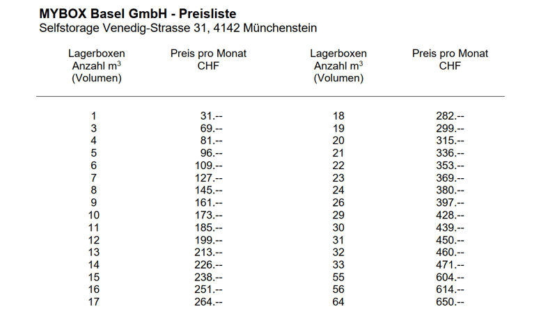 The image shows a price list for self-storage units of different sizes (volumes) at MYBOX Basel GmbH in Münchenstein, Switzerland. The list includes the size of the storage units in cubic meters (m3) and the corresponding monthly price in Swiss Francs (CH