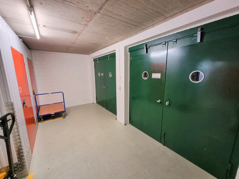 The image shows a storage room or utility space with concrete walls and ceiling. There are two large green metal doors, likely storage lockers or units. A red cart or trolley is visible in the foreground, suggesting this space is used for storage and movi