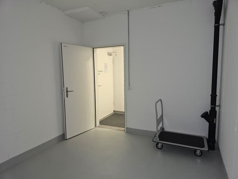 Empty room with white walls, open door, small trolley, and a small room with a shower