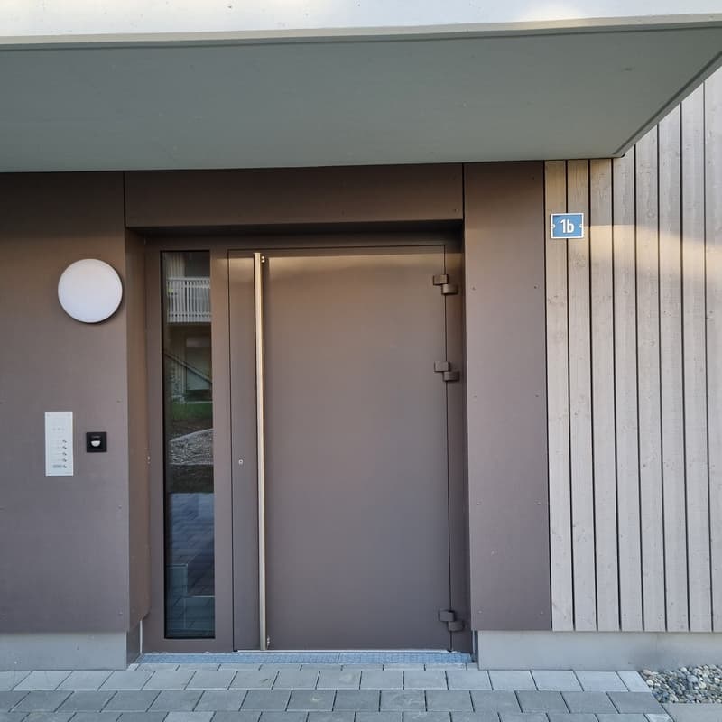 entrance door, concrete pavement, raised ground floor, brown wooden panels