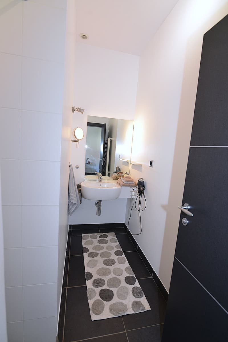small bathroom with sink, mirror, towel rack, and rug