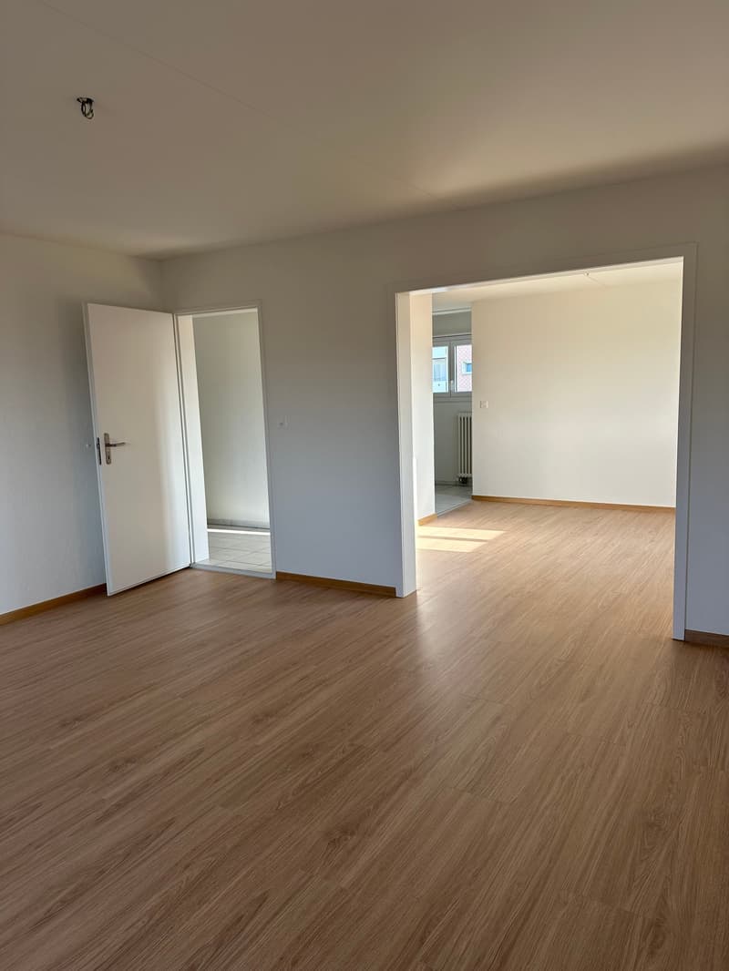 Empty room with white walls, wooden flooring, doors, and windows.