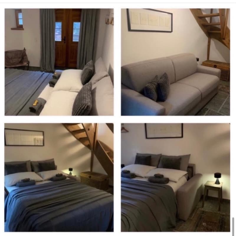 The images show various rooms of an apartment. The first image shows a living room with a couch, curtains, and a balcony. The second image shows another living room area with a sofa and framed artwork on the wall. The third image depicts a bedroom with a