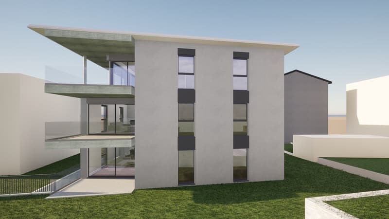 2-story modern house with a flat roof, large windows, and a balcony on the upper level. The exterior is predominantly white with some gray accents. The house is surrounded by a grassy lawn.