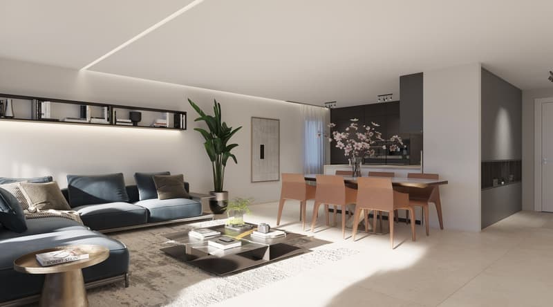 The image shows a modern and stylish open-plan living and dining area. The living room features a large black leather sofa, a coffee table, and built-in shelving units along the wall. The dining area has a wooden dining table with chairs, and a floral art